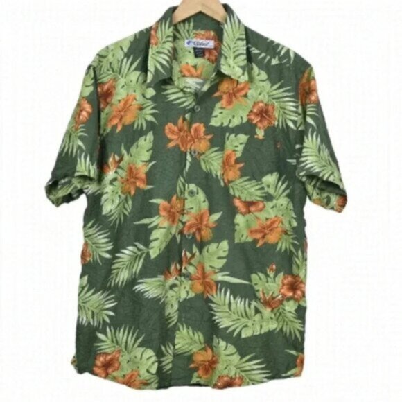 Stoked Other - STOKED Hawaiian Short Sleeve Shirt Button Down Green Orange Crinkle  Size XL